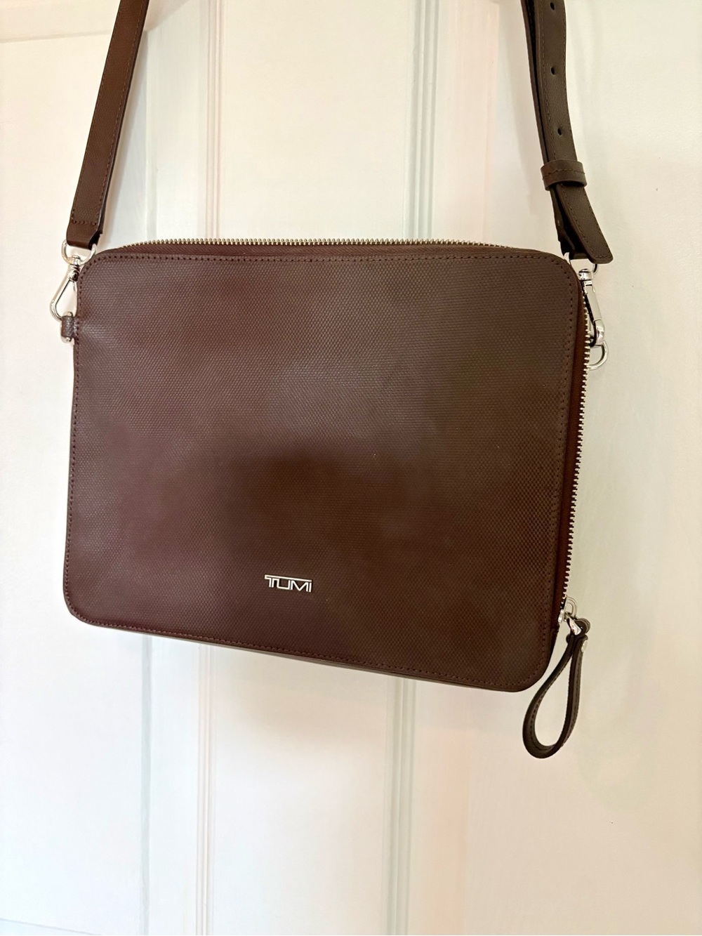 Tumi Espresso Brown Textured Pebble Leather Zip Crossbody Bag
